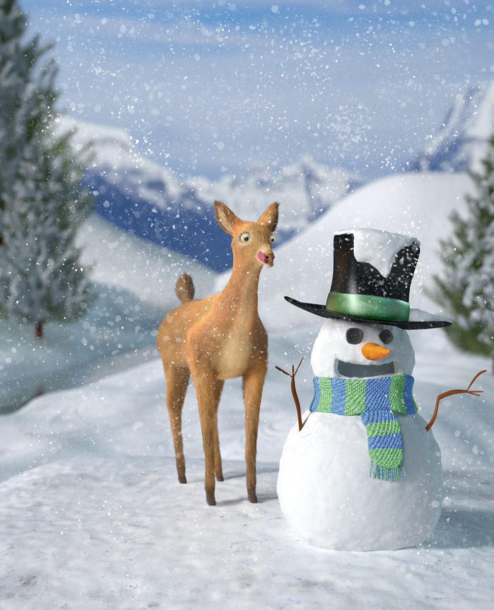 Deer and snowman 3D illustration